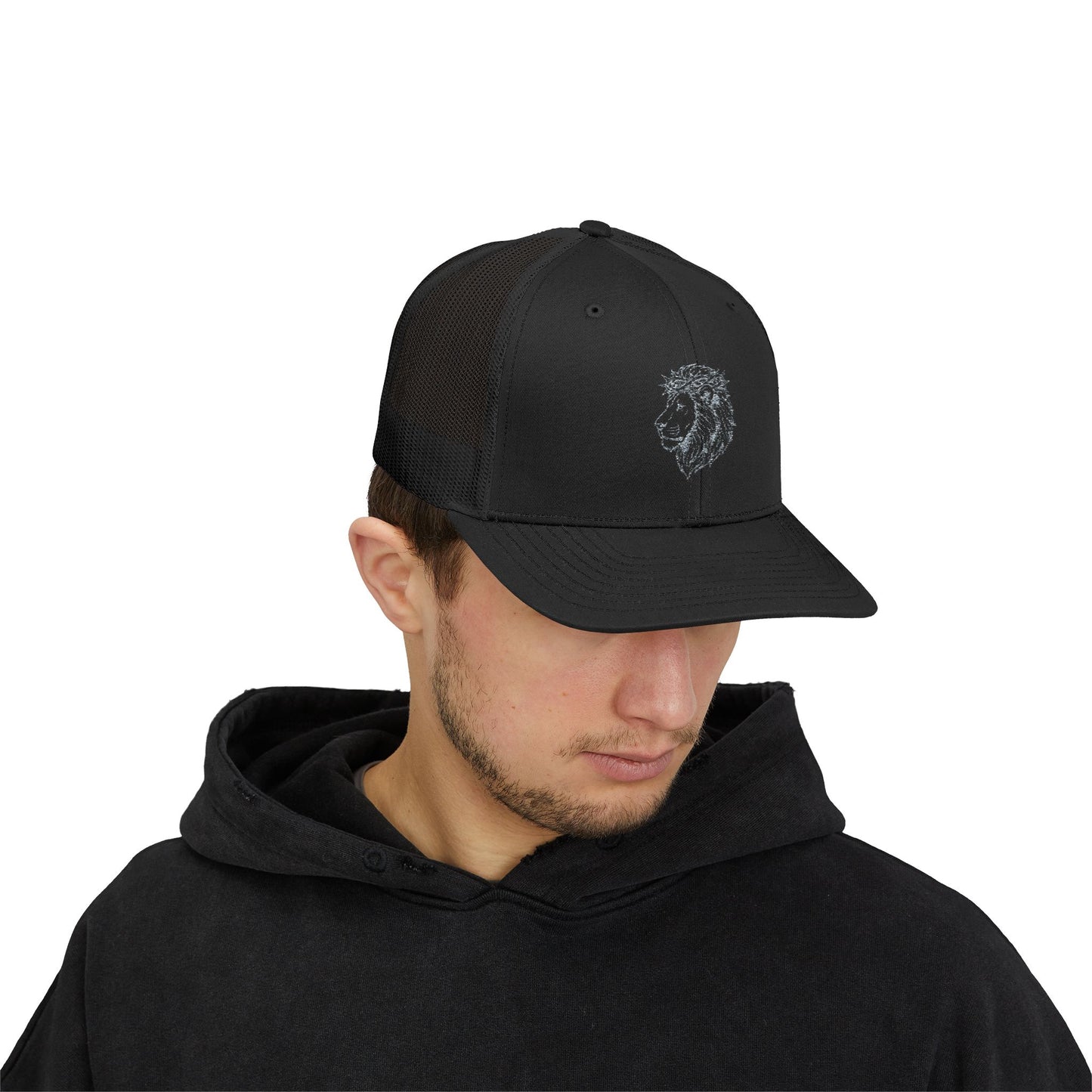 Lion Outline Snapback Trucker Cap — Minimal Animal Graphic Hat