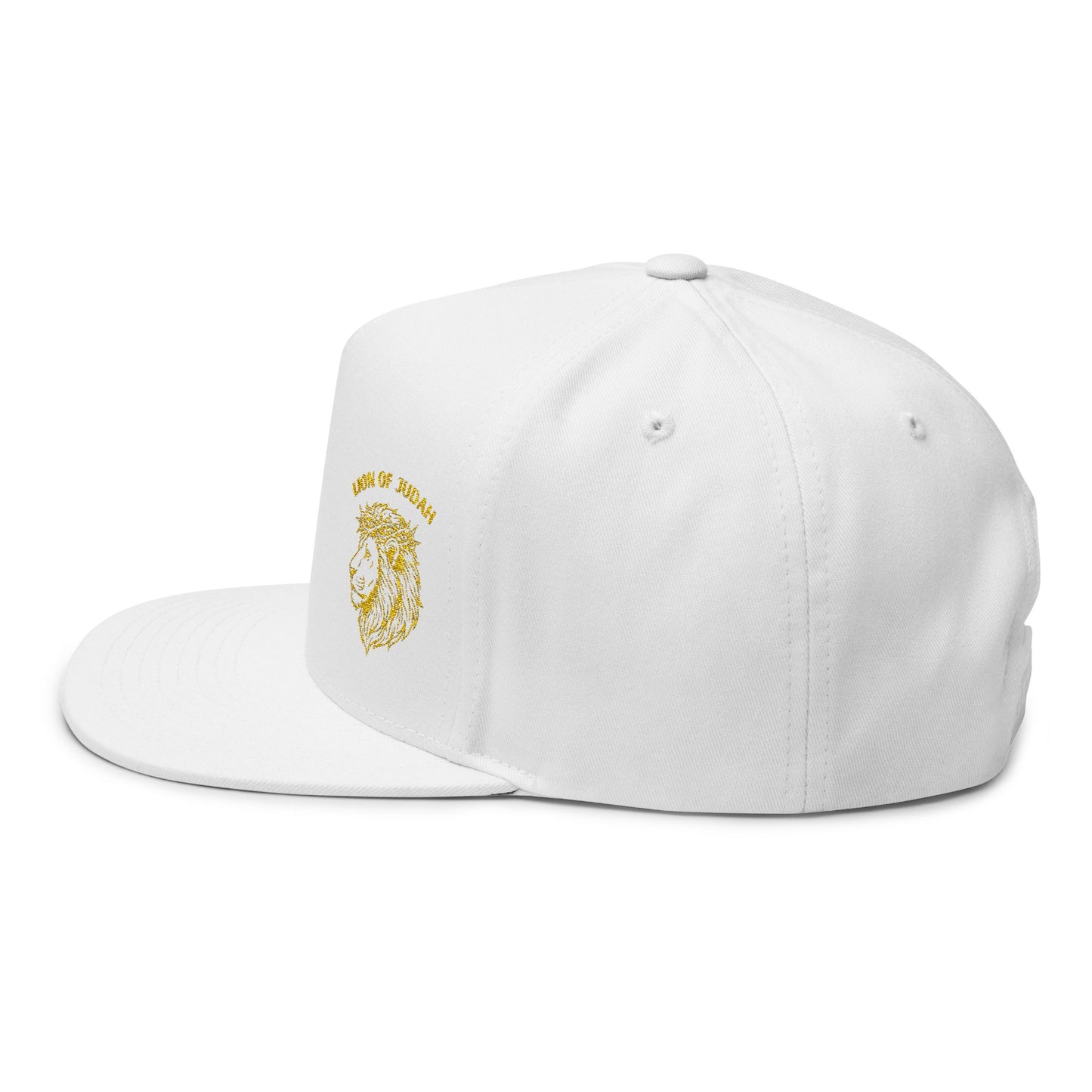 Embroidered Gold Lion Flat Bill Cap – White Snapback Hat