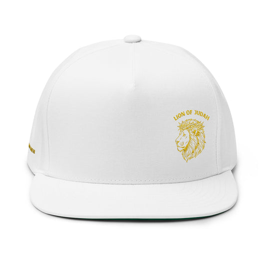Embroidered Gold Lion Flat Bill Cap – White Snapback Hat
